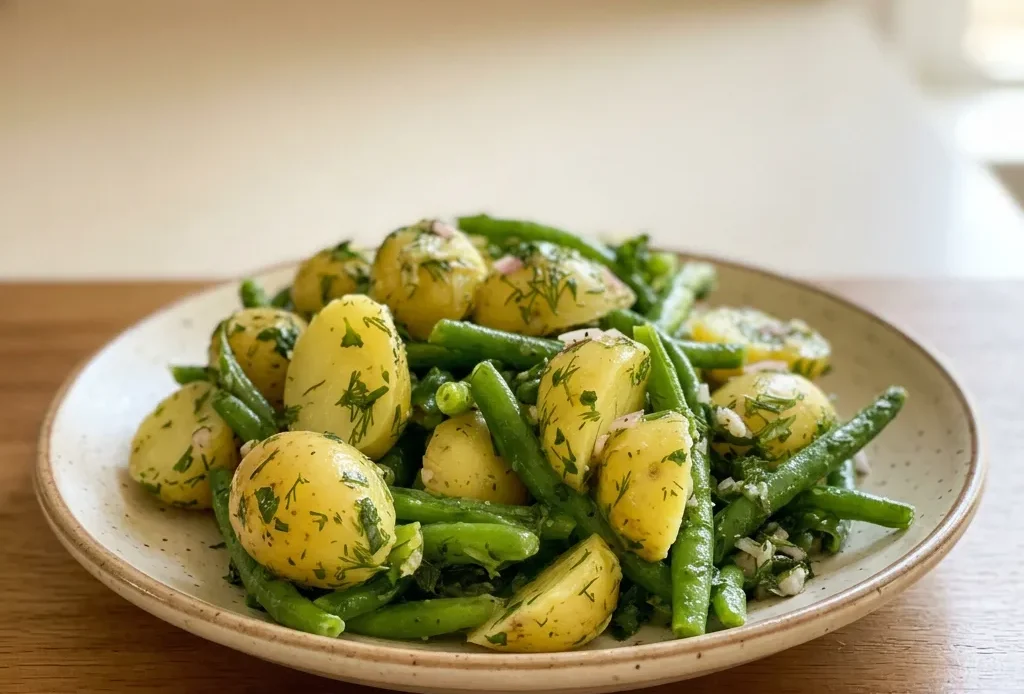 Top-down look at green beans and potato wedges with lemon slices, dill, parsley, and shallot rings.