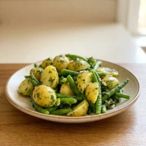 Top-down look at green beans and potato wedges with lemon slices, dill, parsley, and shallot rings.