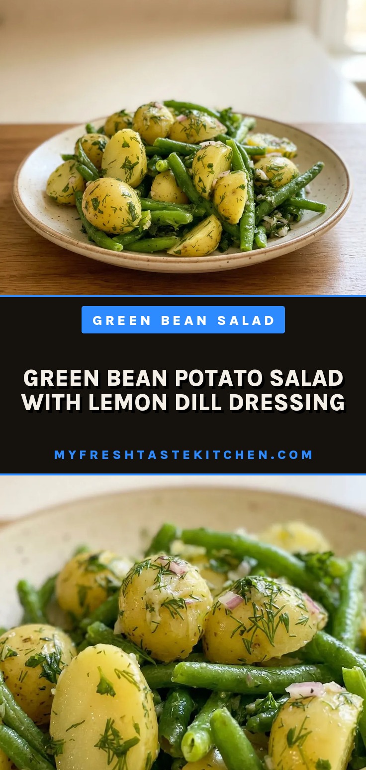 Green bean potato salad with lemon dill dressing, showing green beans, potatoes, and fresh herbs in a bowl.