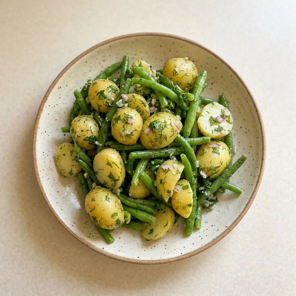A serving of green bean potato salad with lemon dill dressing, topped with fresh dill and parsley.