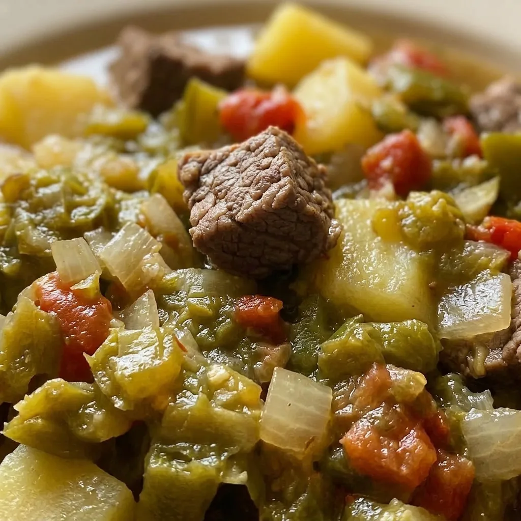 Close view of a bowl of green chile stew showing tender pork, potato cubes, and green chile pieces in broth.