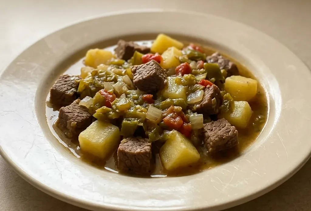 Overhead shot of a bowl of green chile stew with chunks of pork, potatoes, and green chiles in a light broth.