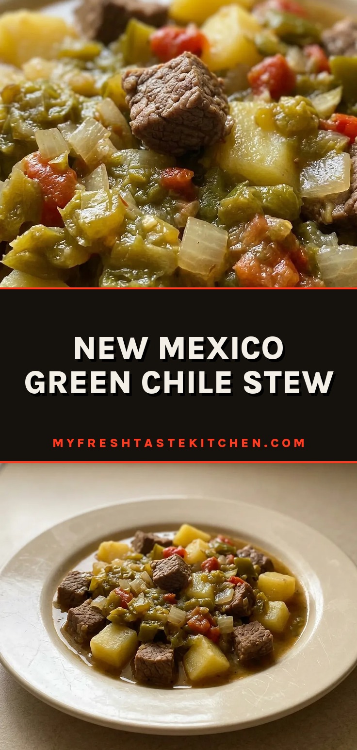 New Mexico Green Chile Stew with chunks of beef, potatoes, and green chiles in a broth.