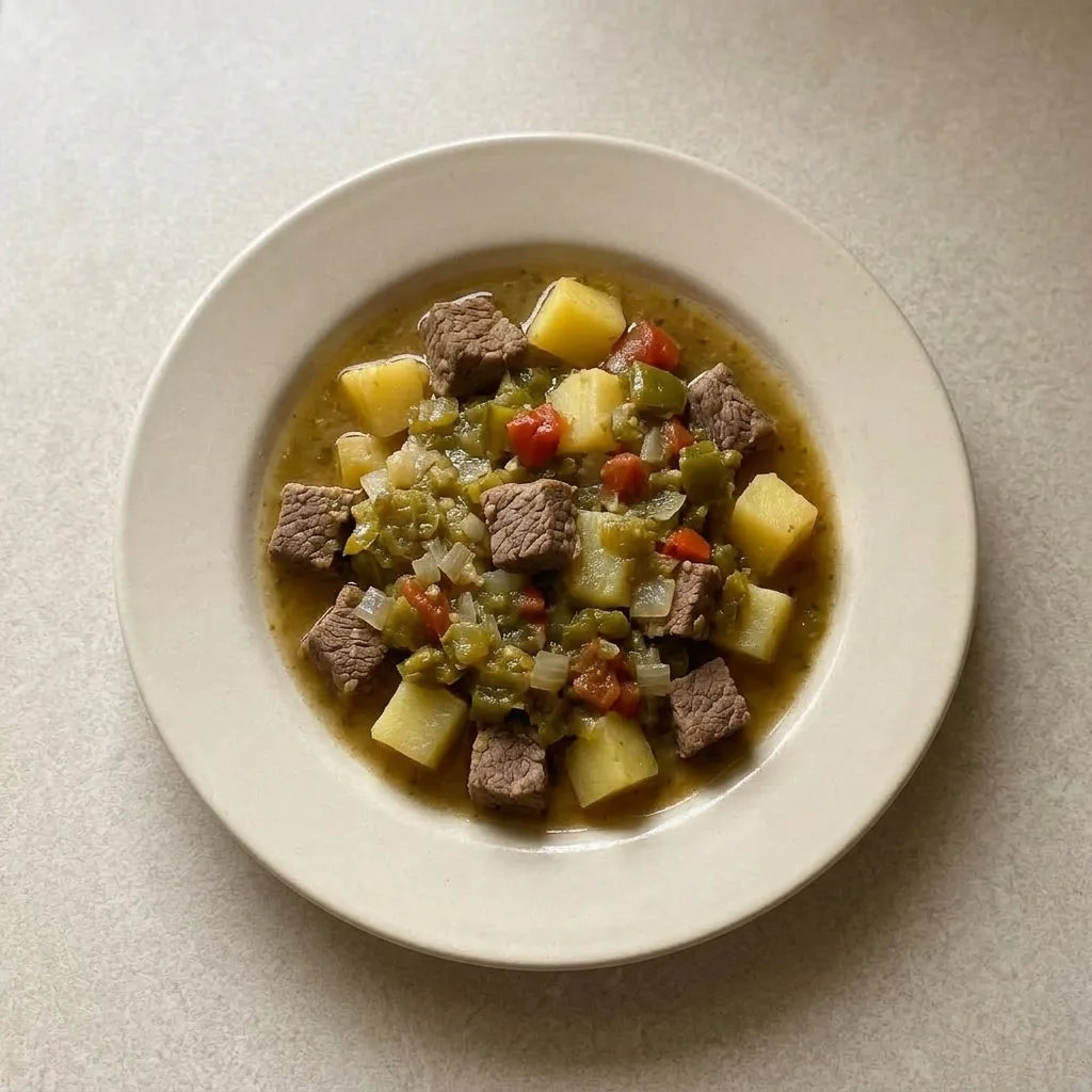 Plated bowl of New Mexico green chile stew with visible pork, potatoes, and green chiles in broth.