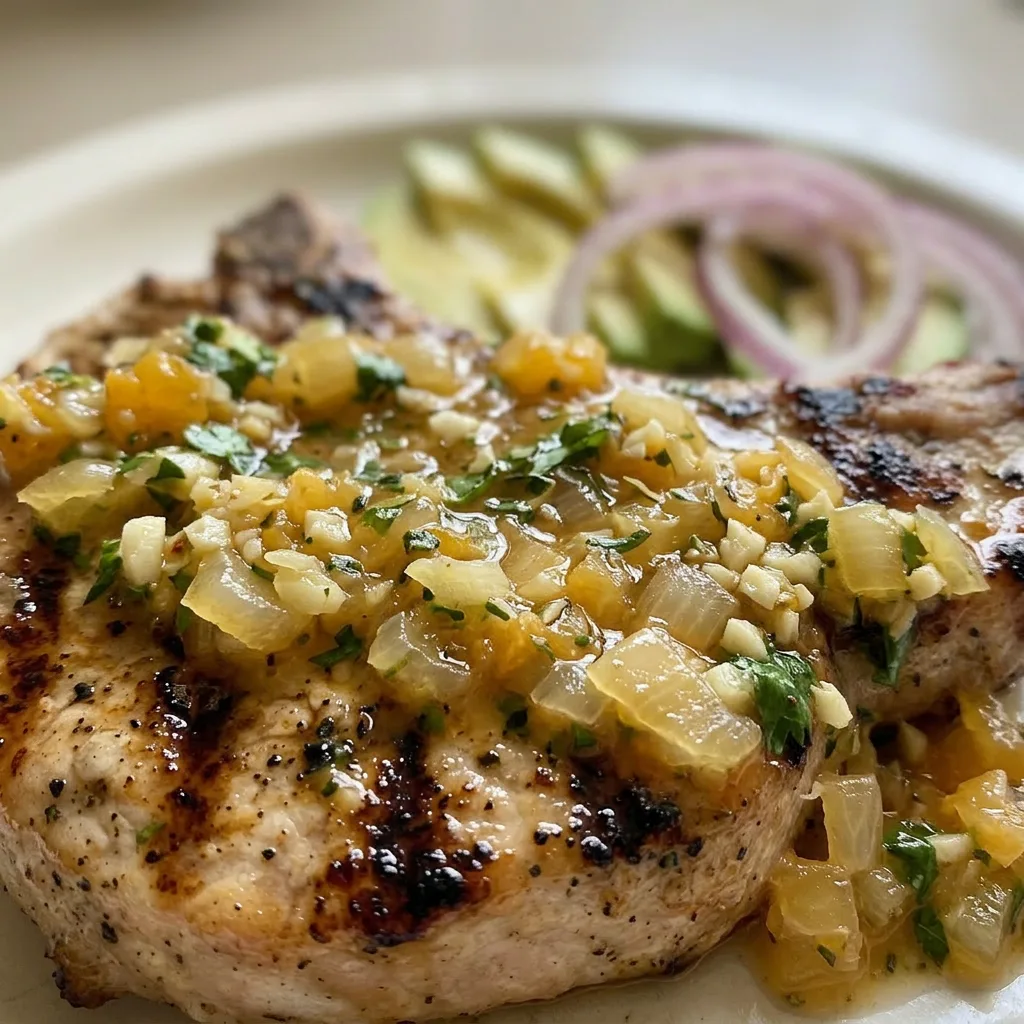 Macro detail of a pork chop slice showing charred edges, garlic pieces, and cumin specks, with cilantro leaves on top.