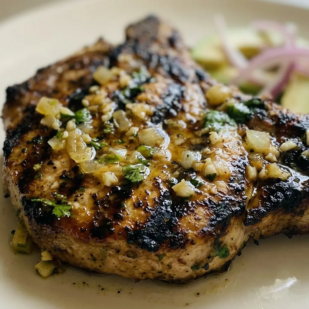 Up close, a pork chop with char marks, glistening marinade, and visible garlic, oregano, cumin, and cilantro.