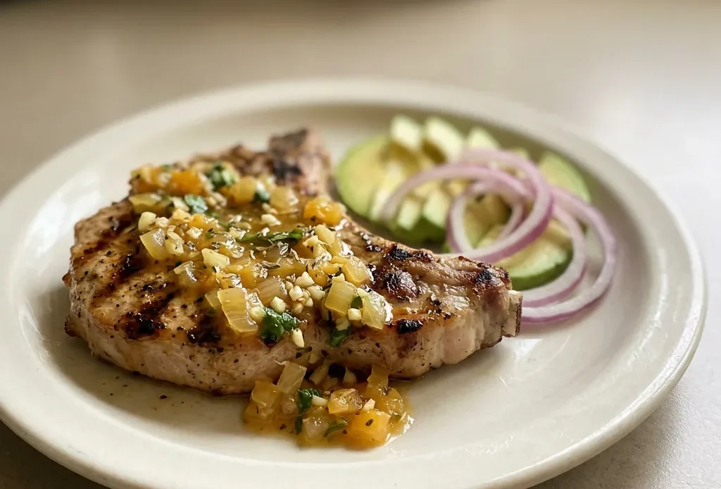 Top-down look at two grilled pork chops with bitter orange marinade, topped with garlic, oregano, cumin, and cilantro.