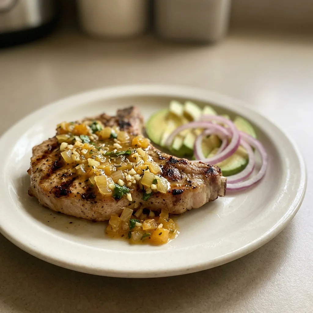 Top-down look at two grilled pork chops with bitter orange marinade, topped with garlic, oregano, cumin, and cilantro.