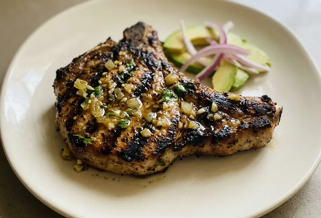 Looking down at two grilled pork chops with bitter orange marinade, scattered garlic, oregano, cumin, and cilantro.
