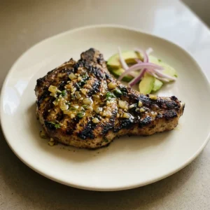 Looking down at two grilled pork chops with bitter orange marinade, scattered garlic, oregano, cumin, and cilantro.