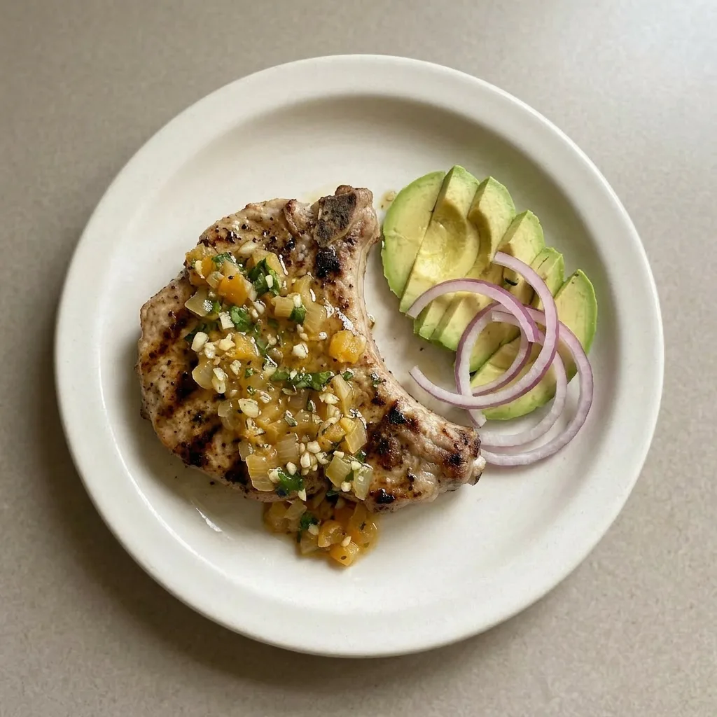 A serving of grilled mojo pork chops garnished with fresh cilantro, oregano, and garlic bits.
