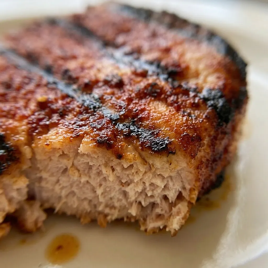 Zoomed in on a single pork chop showing a crust of black pepper, chili powder, and ground mustard, with visible garlic and onion powder specks.