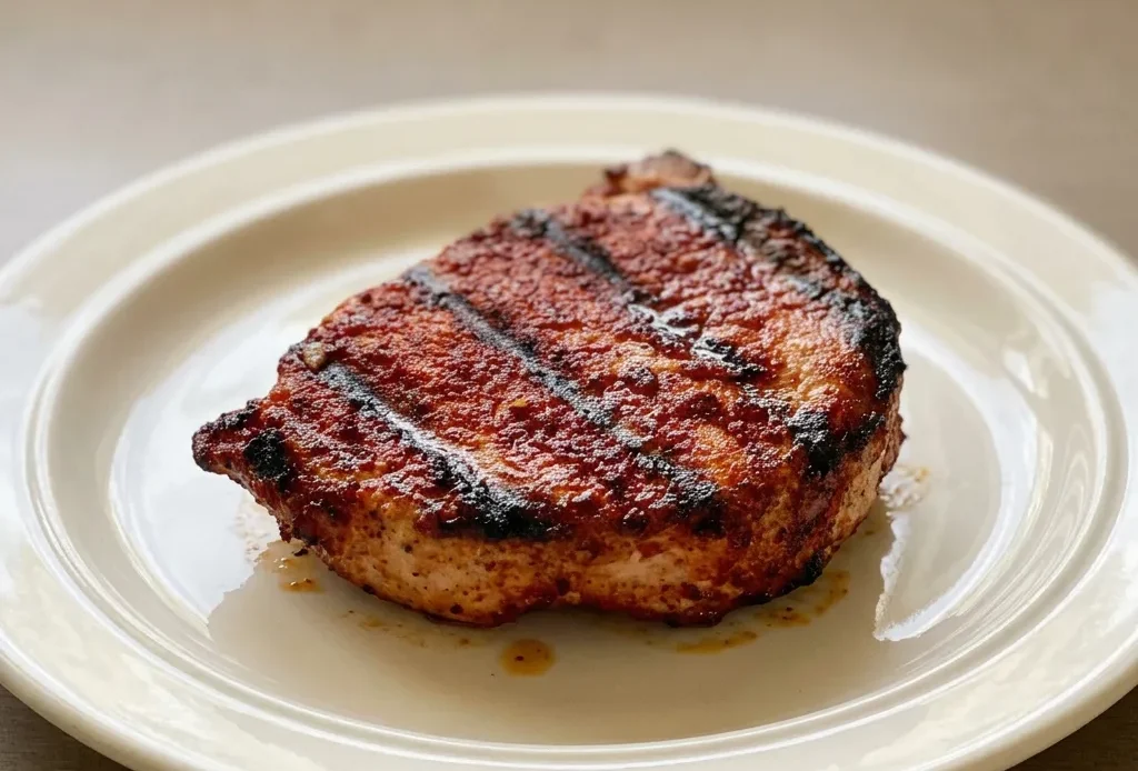 Bird's-eye view of two grilled pork chops with dark char marks, topped with a dry rub of brown sugar and smoked paprika.