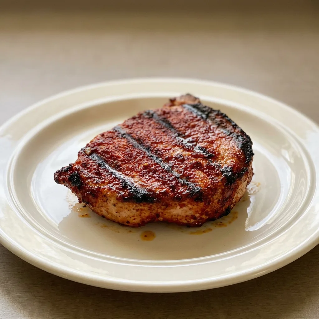 Bird's-eye view of two grilled pork chops with dark char marks, topped with a dry rub of brown sugar and smoked paprika.