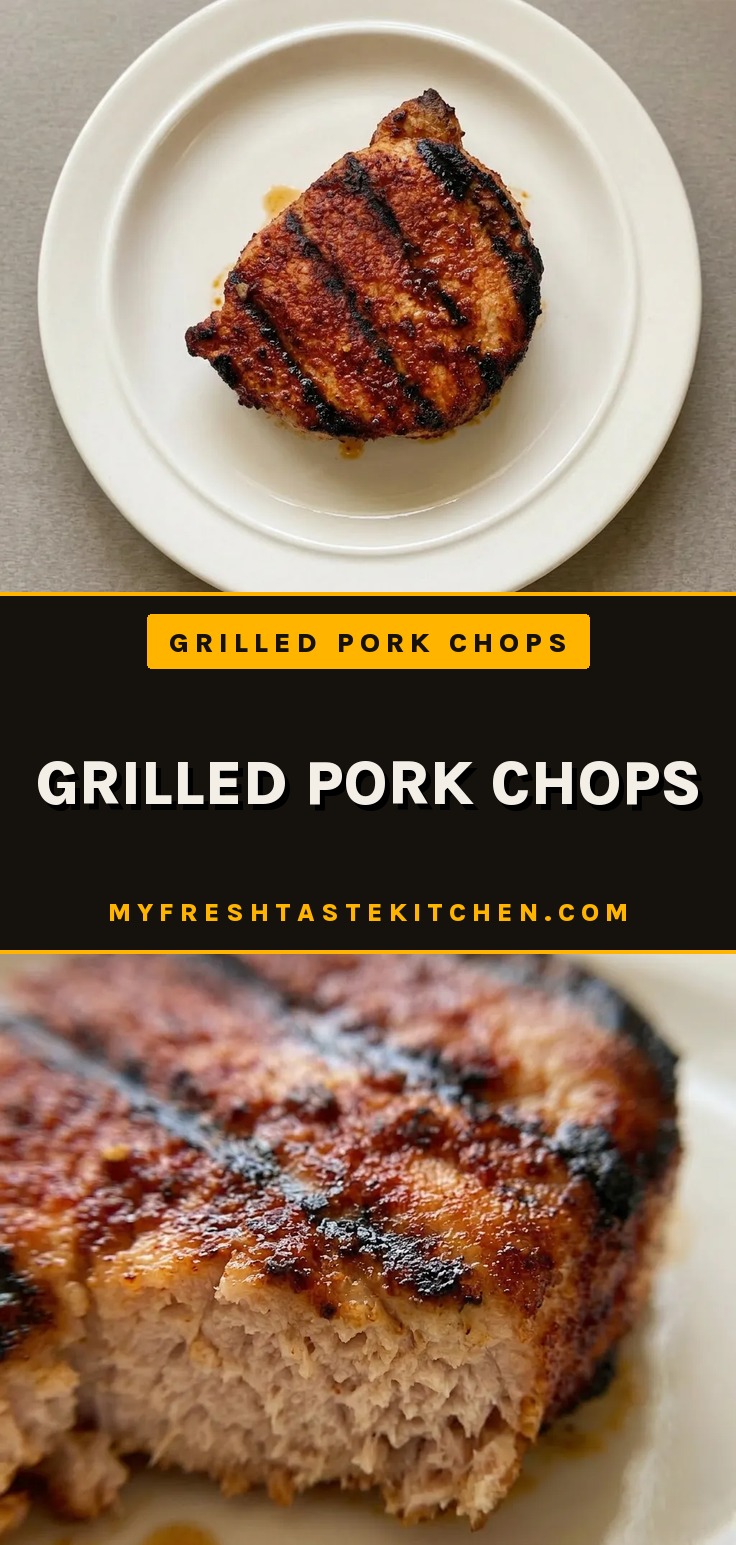 Bird's-eye view of two grilled pork chops with dark char marks, topped with a dry rub of brown sugar and smoked paprika.