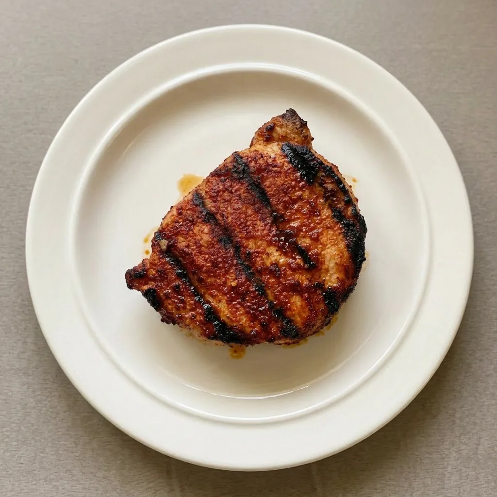 Ready to serve: two pork chops seasoned with a blend of brown sugar, smoked paprika, garlic powder, onion powder, ground mustard, black pepper, and chili powder.