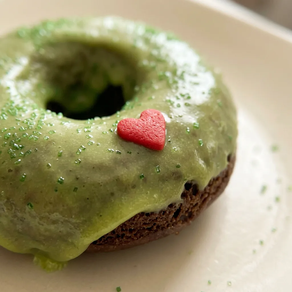 Close view of a green donut topped with red heart sprinkles and green dusting sugar.
