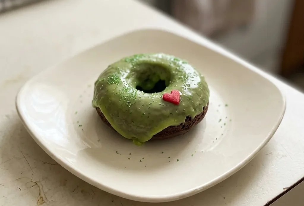 Overhead shot of three green donuts with red heart sprinkles and green dusting sugar on top.