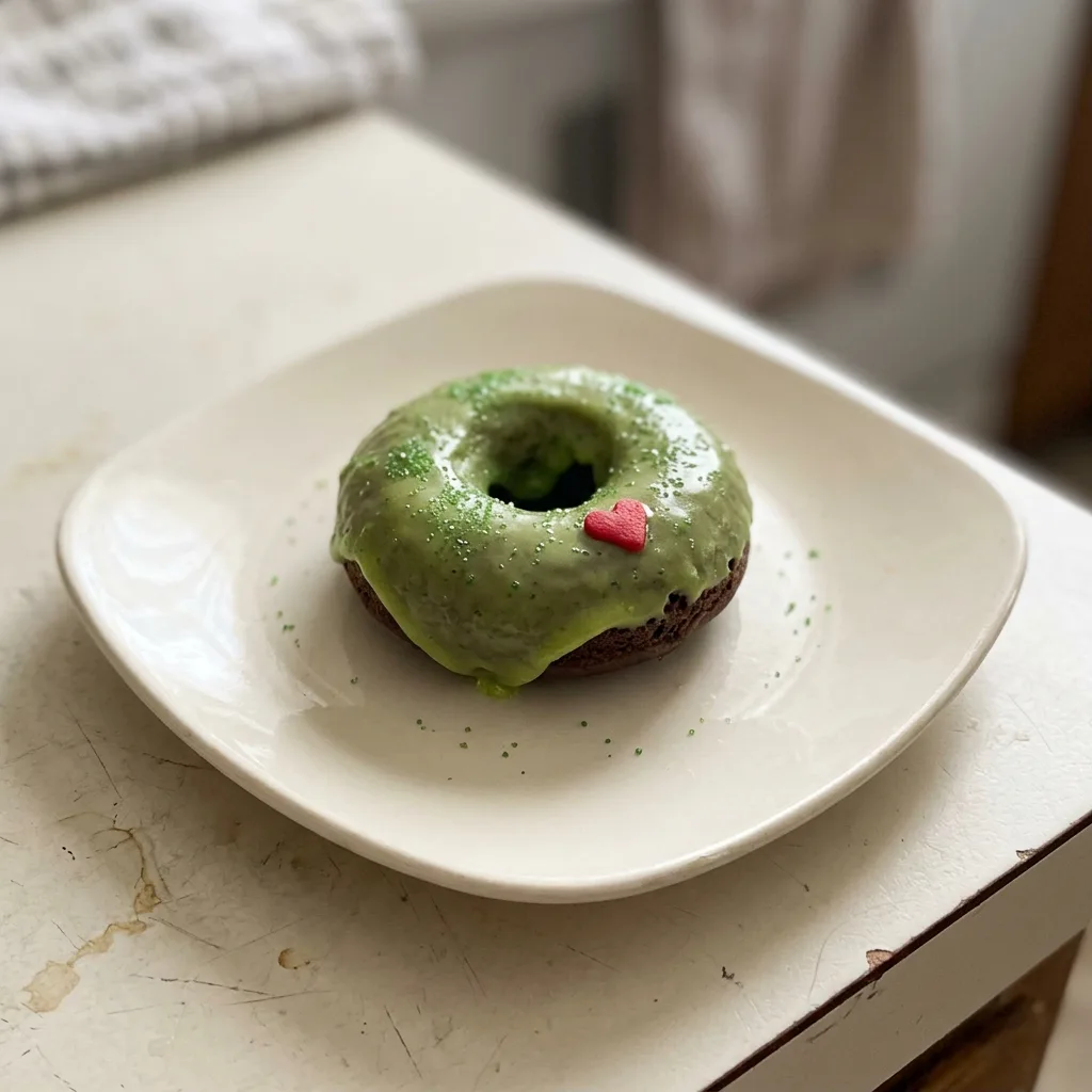 Overhead shot of three green donuts with red heart sprinkles and green dusting sugar on top.