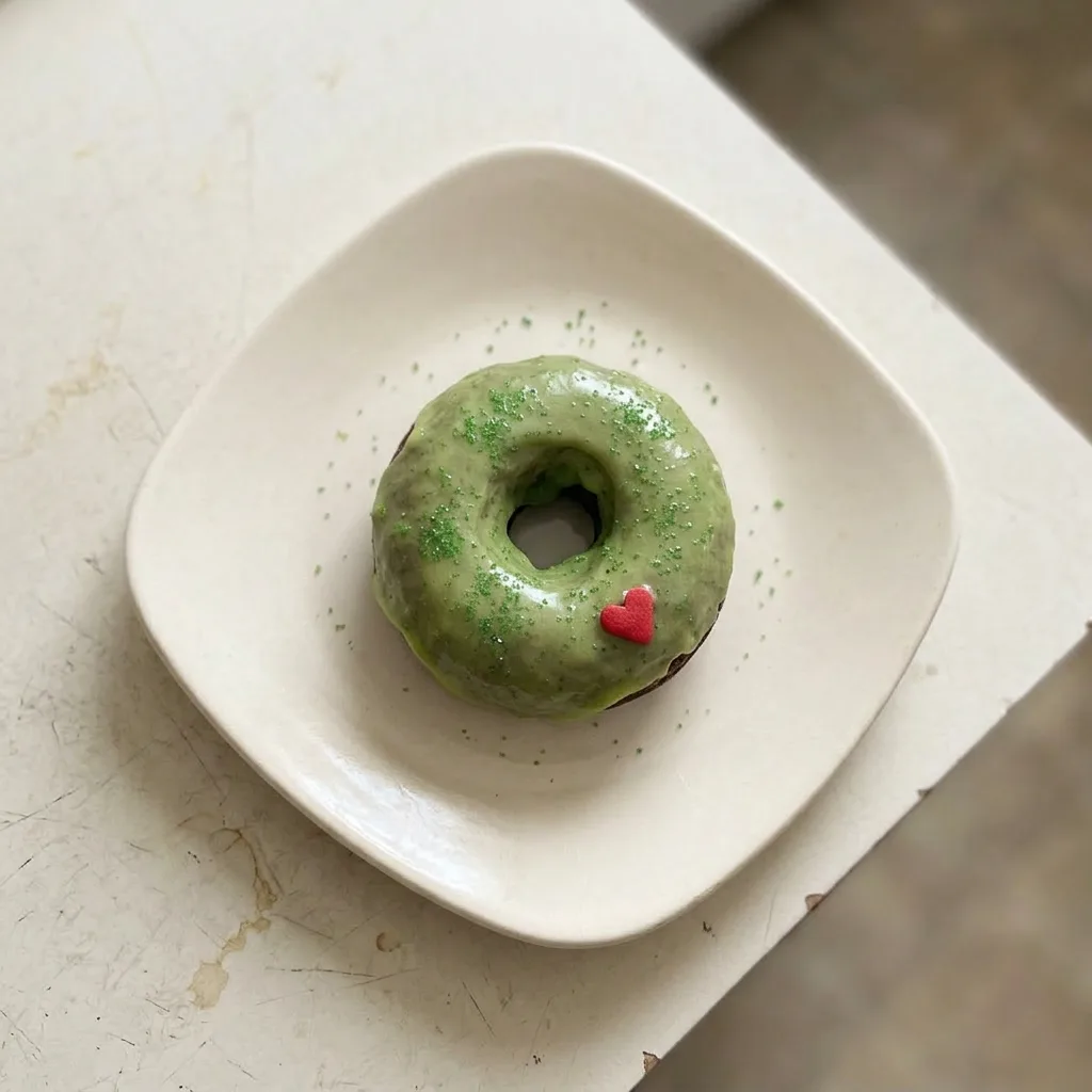 Plated donuts with green icing, red heart sprinkles, and green dusting sugar.