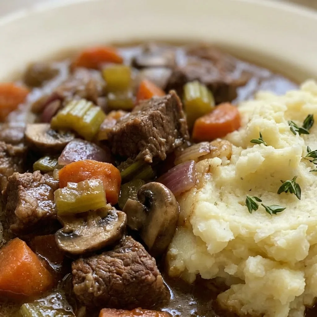 Close view of a forkful of tender beef stew meat with a piece of carrot and mushroom in thick gravy.
