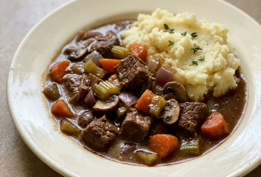 Overhead shot of a bowl of Guinness beef stew with chunks of beef, carrots, celery, mushrooms, and onion in dark brown broth.