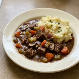 Overhead shot of a bowl of Guinness beef stew with chunks of beef, carrots, celery, mushrooms, and onion in dark brown broth.