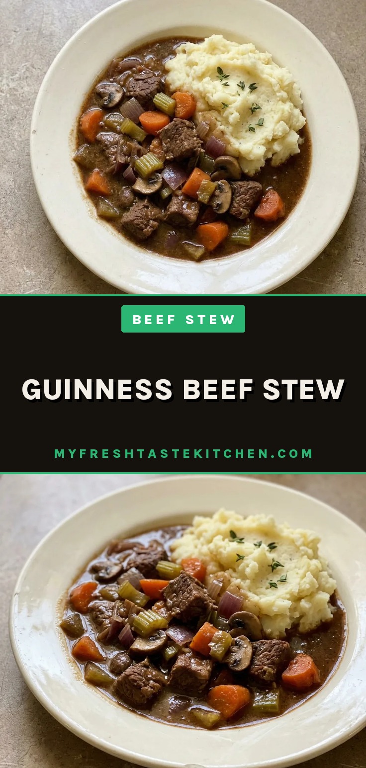 Guinness beef stew with beef stew meat, carrots, and mushrooms in a dark broth