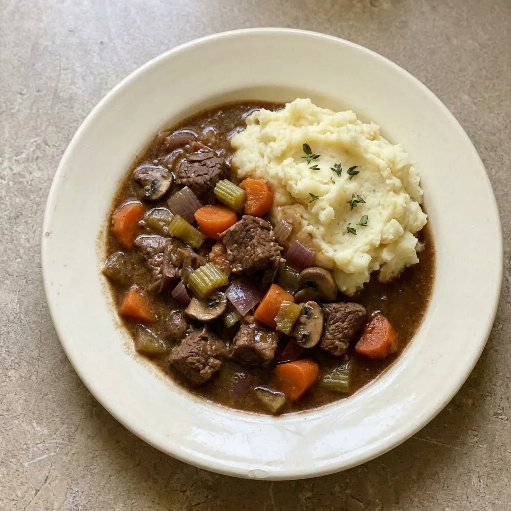 Plated serving of beef stew with carrots, celery, mushrooms, and onions in a rich broth, topped with fresh parsley.