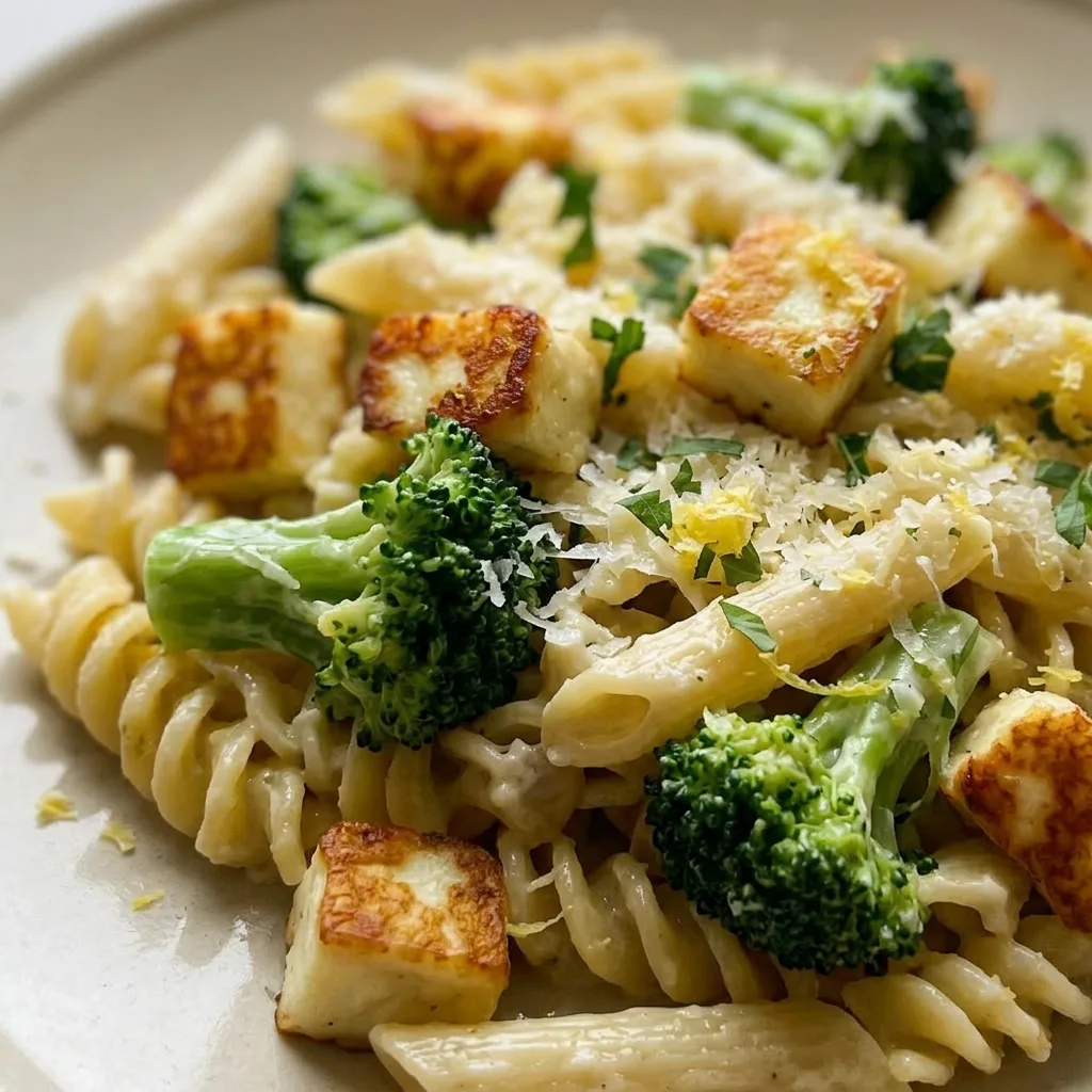 Close view of halloumi and pasta in garlic cream sauce, topped with parmesan and a lemon wedge on the side.