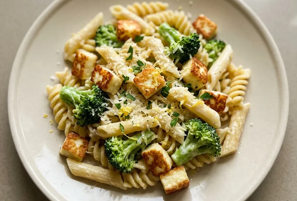 Overhead shot of creamy pasta with golden halloumi chunks, broccoli florets, and parmesan, garnished with lemon zest.