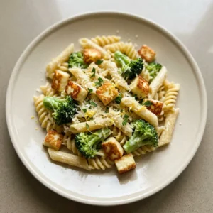 Overhead shot of creamy pasta with golden halloumi chunks, broccoli florets, and parmesan, garnished with lemon zest.