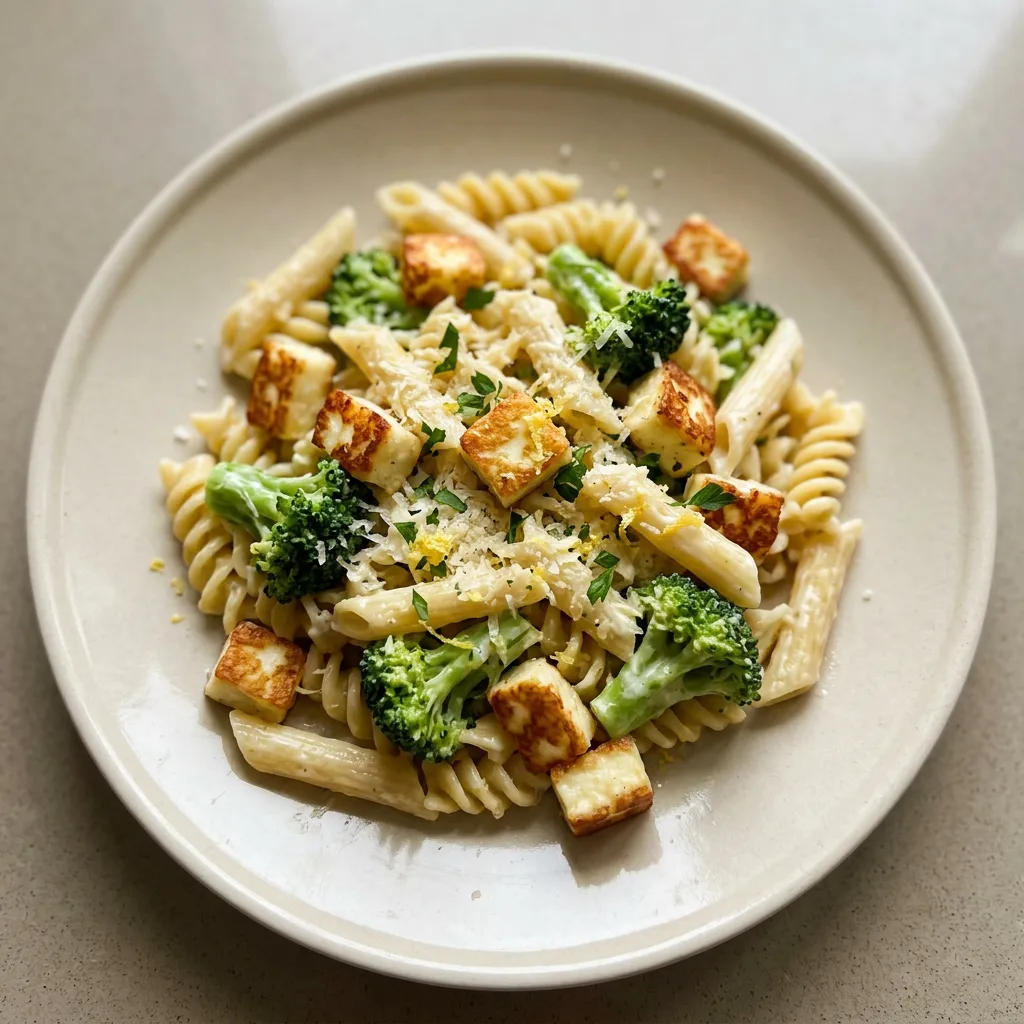 Overhead shot of creamy pasta with golden halloumi chunks, broccoli florets, and parmesan, garnished with lemon zest.