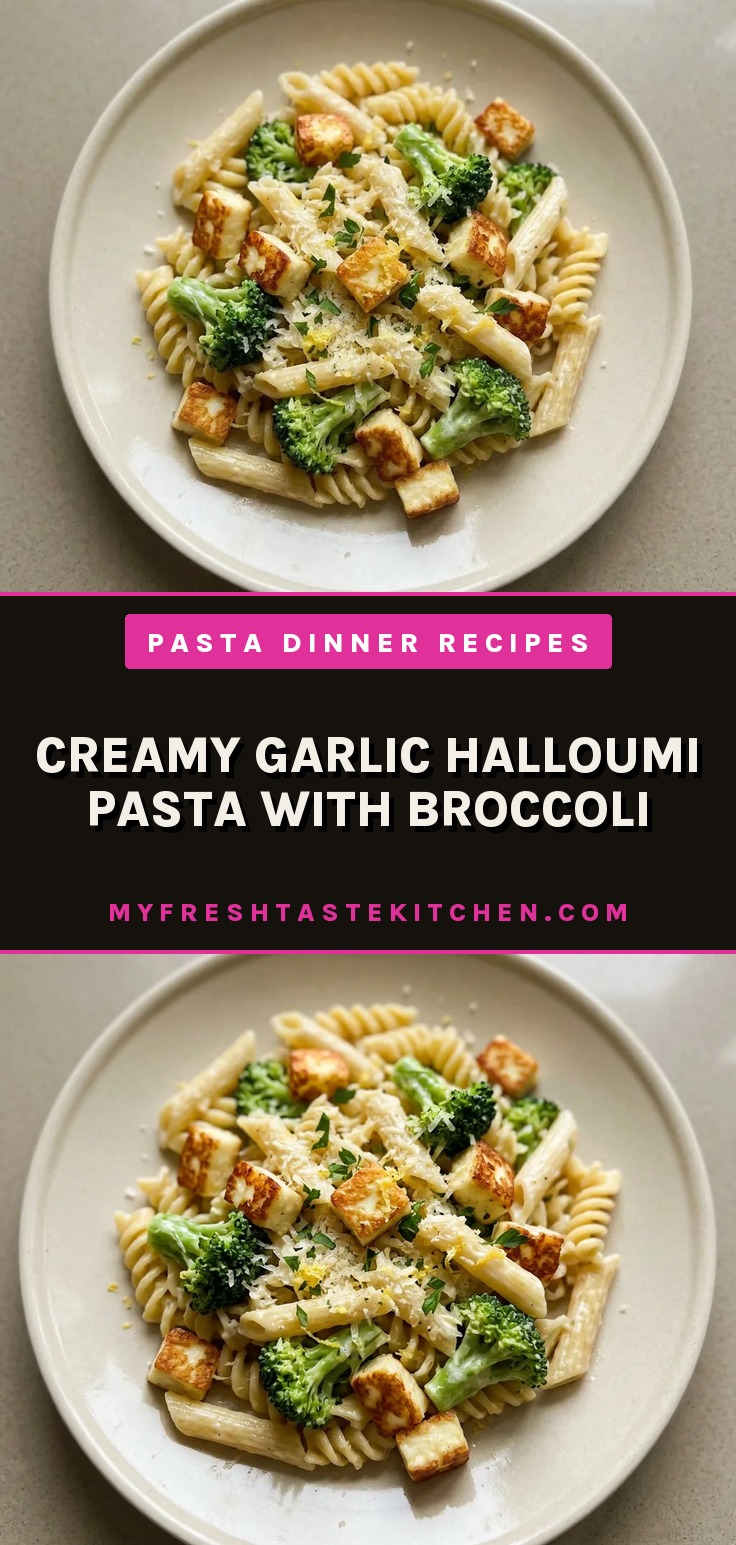 Overhead shot of creamy pasta with golden halloumi chunks, broccoli florets, and parmesan, garnished with lemon zest.