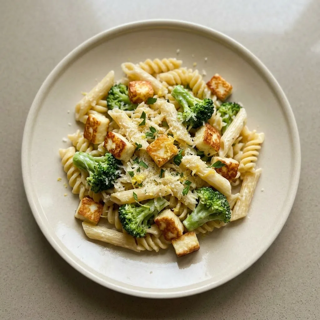 Plated pasta with seared halloumi, broccoli, and creamy garlic sauce, finished with parmesan and lemon zest.