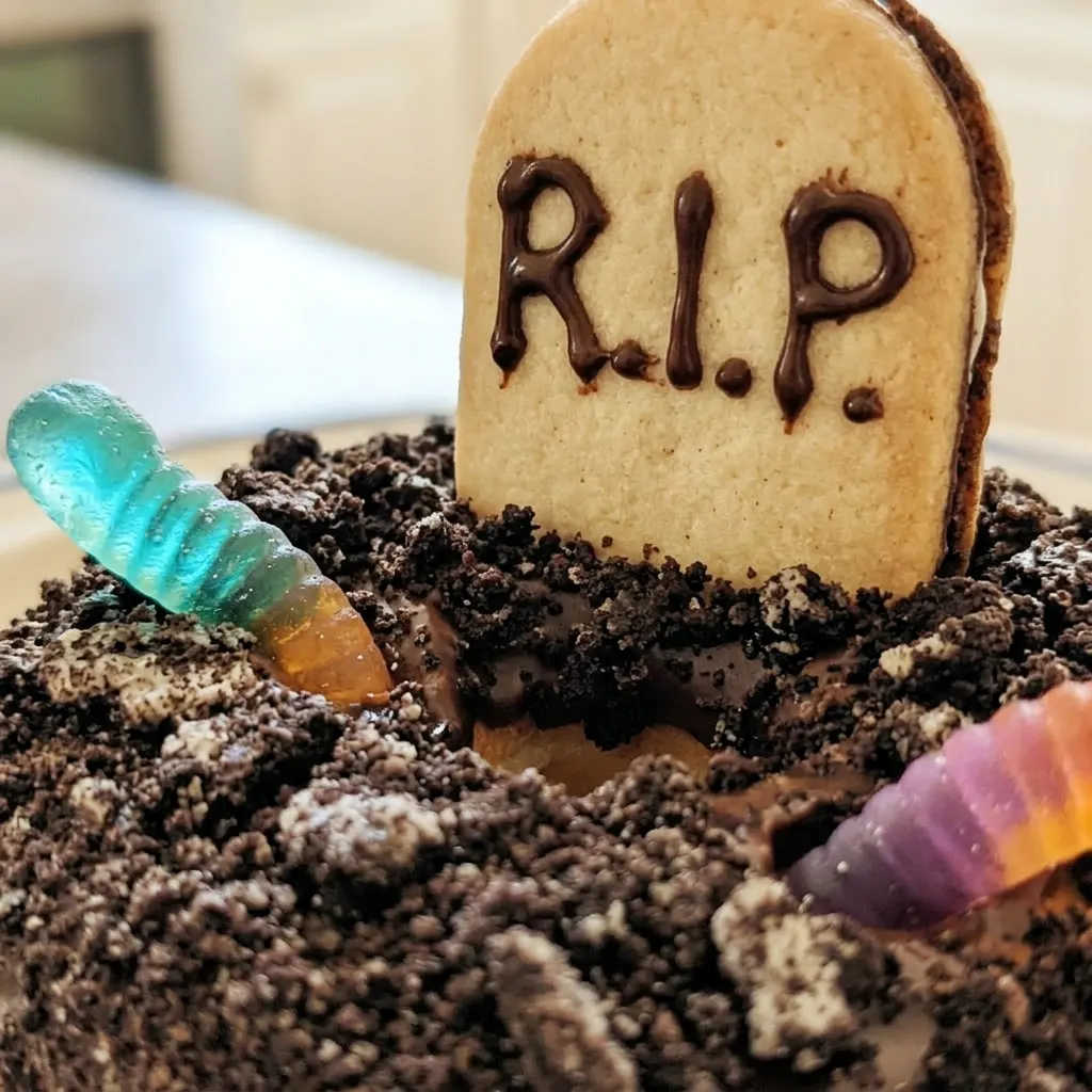 Up close, a donut with glossy chocolate frosting, Oreo crumbs, and a gummy worm curling over a Milano cookie.