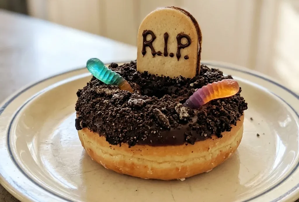 Looking down at donuts topped with chocolate frosting, Oreo crumbs, gummy worms, chocolate chips, and Milano cookies.