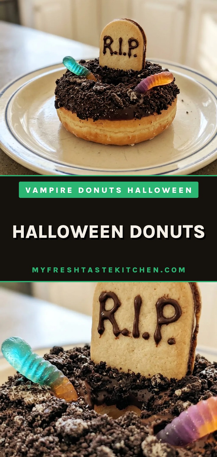 Vampire donuts with chocolate frosting, Oreo crumbs, and gummy worms on top, featuring Milano cookie headstones.