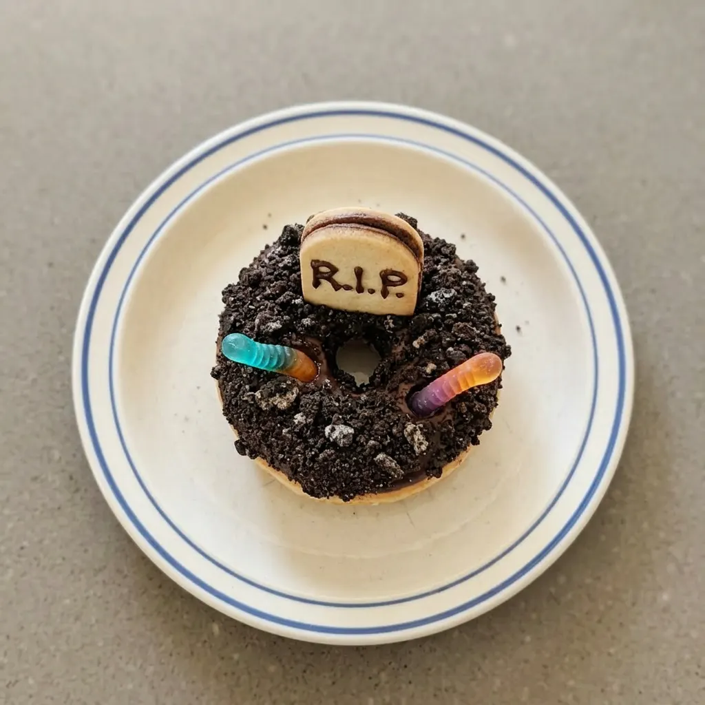 A plate of donuts decorated with chocolate frosting, Oreo crumbs, gummy worms, chocolate chips, and Milano cookies.