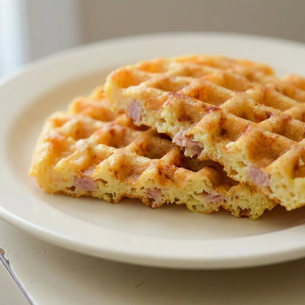 Macro detail of a chaffle corner showing crispy cheese edge and ham peeking through.