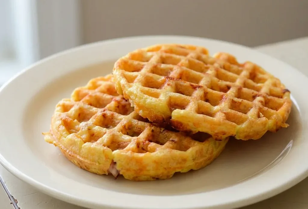 Top-down look at two golden chaffles topped with melted shredded cheese and folded ham slices.
