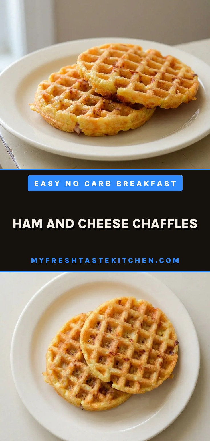A ham and cheese chaffle with browned edges and melted shredded cheese visible on the surface.