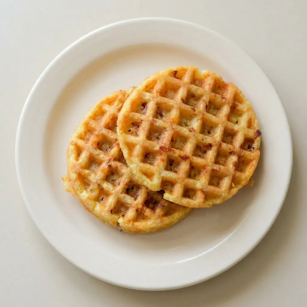 A serving of two ham and cheese chaffles stacked, with cheese strands draping over the top.