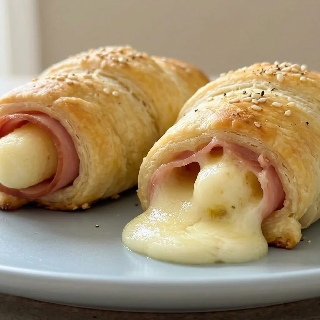 Close view of a ham and cheese stick, flaky golden pastry layers, ham and mozzarella filling oozing from the side.