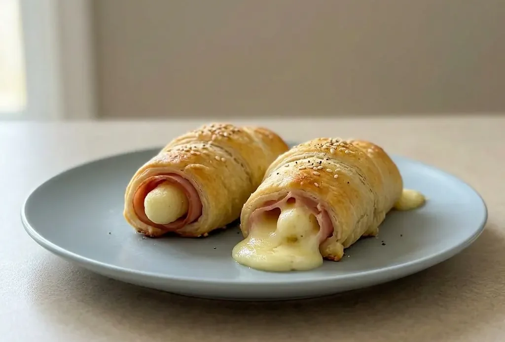 Overhead shot of three ham and cheese sticks on a dark plate, golden puff pastry with browned edges, visible ham and melted mozzarella at ends.