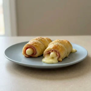 Overhead shot of three ham and cheese sticks on a dark plate, golden puff pastry with browned edges, visible ham and melted mozzarella at ends.