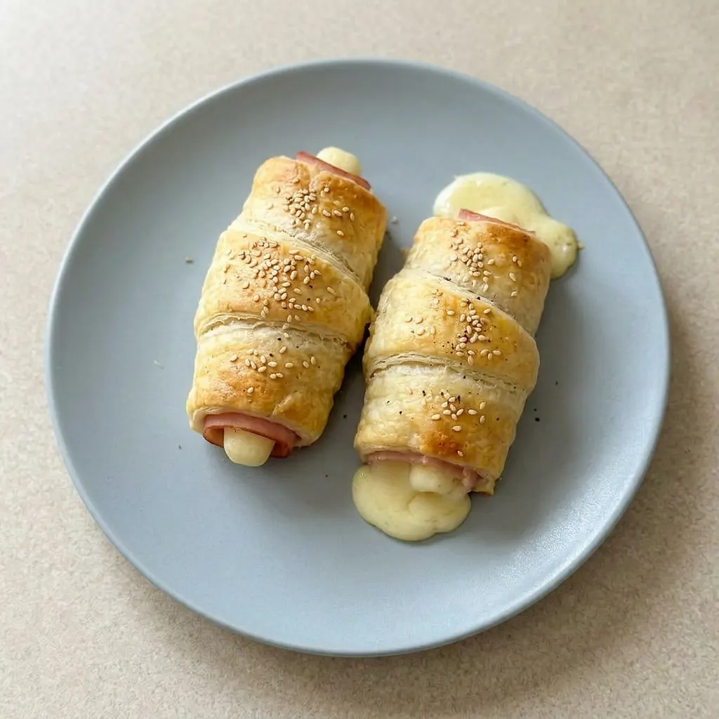 Plated ham and cheese sticks arranged in a fan shape, puff pastry and crescent dough spirals, ham and mozzarella visible.