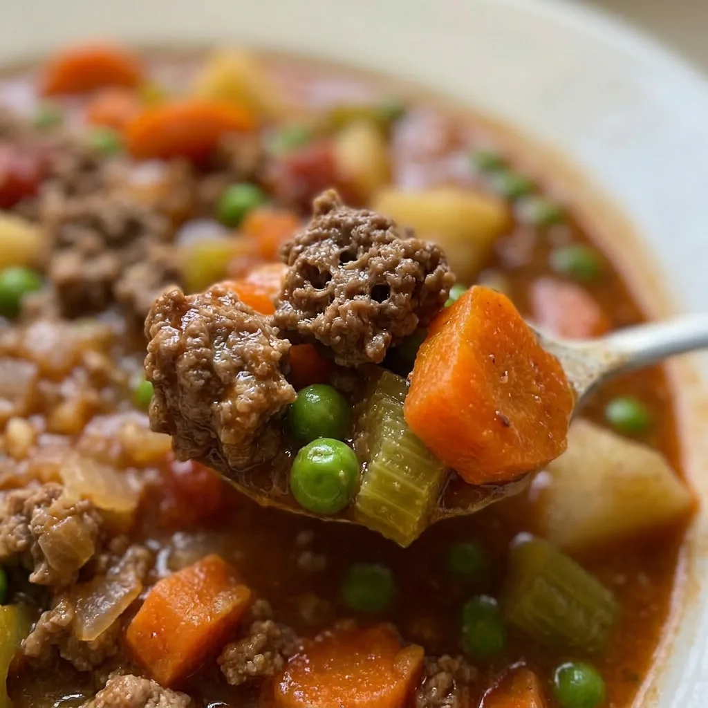 Close view of a spoonful of stew showing ground beef, carrot pieces, and potato chunks in a rich broth.