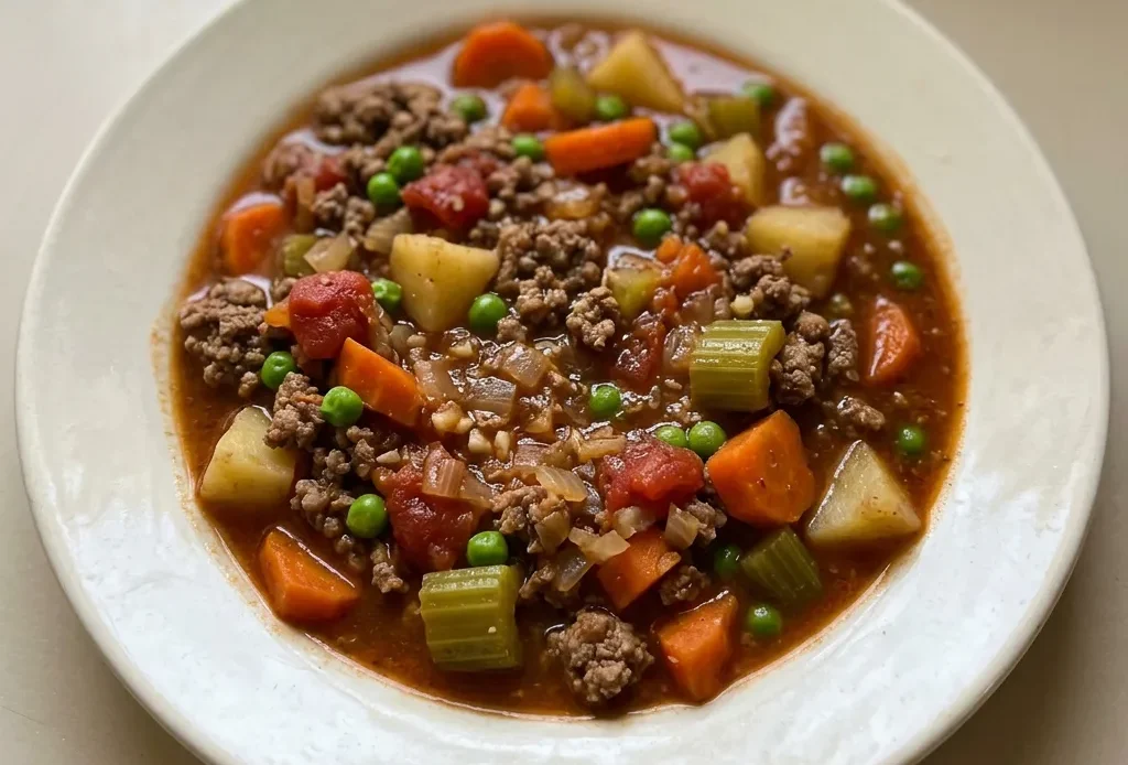 Overhead shot of a thick stew with ground beef, carrots, and potatoes in tomato broth, topped with Italian seasoning.