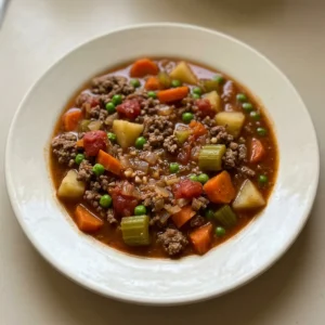 Overhead shot of a thick stew with ground beef, carrots, and potatoes in tomato broth, topped with Italian seasoning.